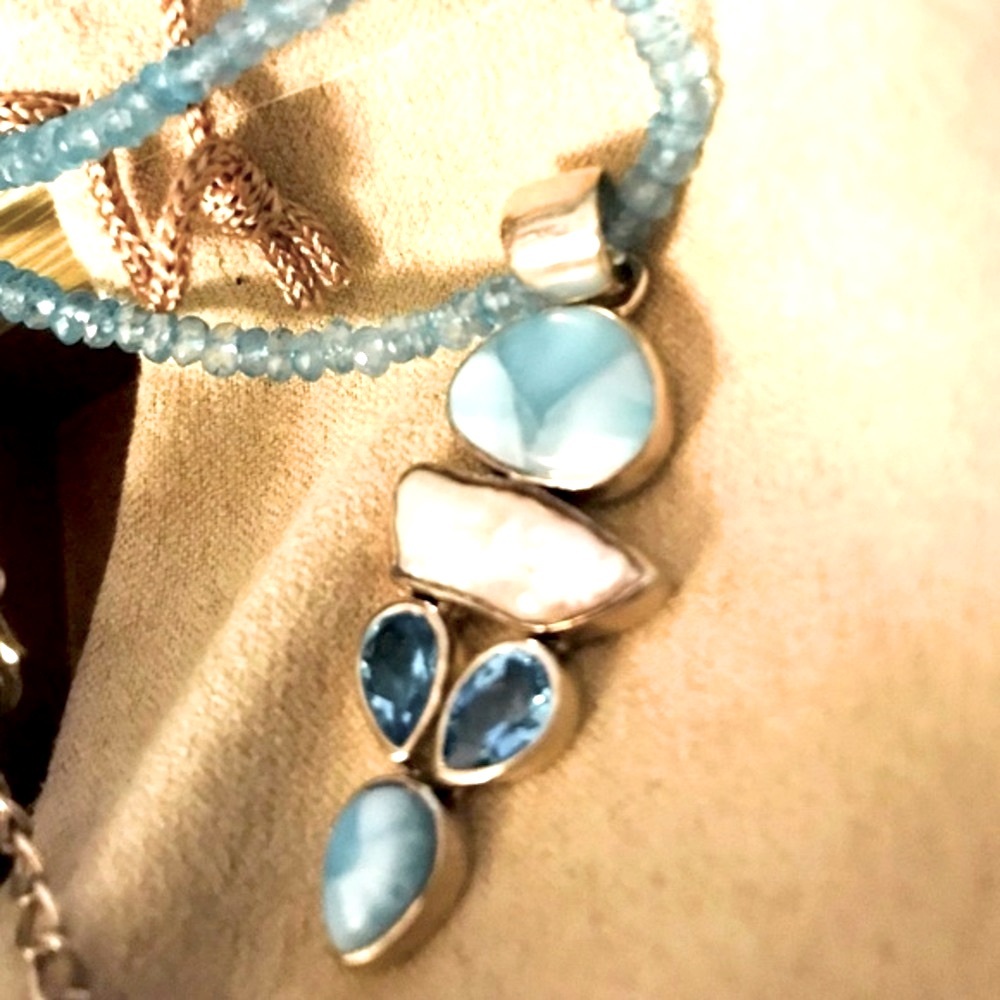 Arya Designs Larimar, Pearl Blue Topaz Sterling Silver Pendant /Beaded Necklace - Picture 5 of 8